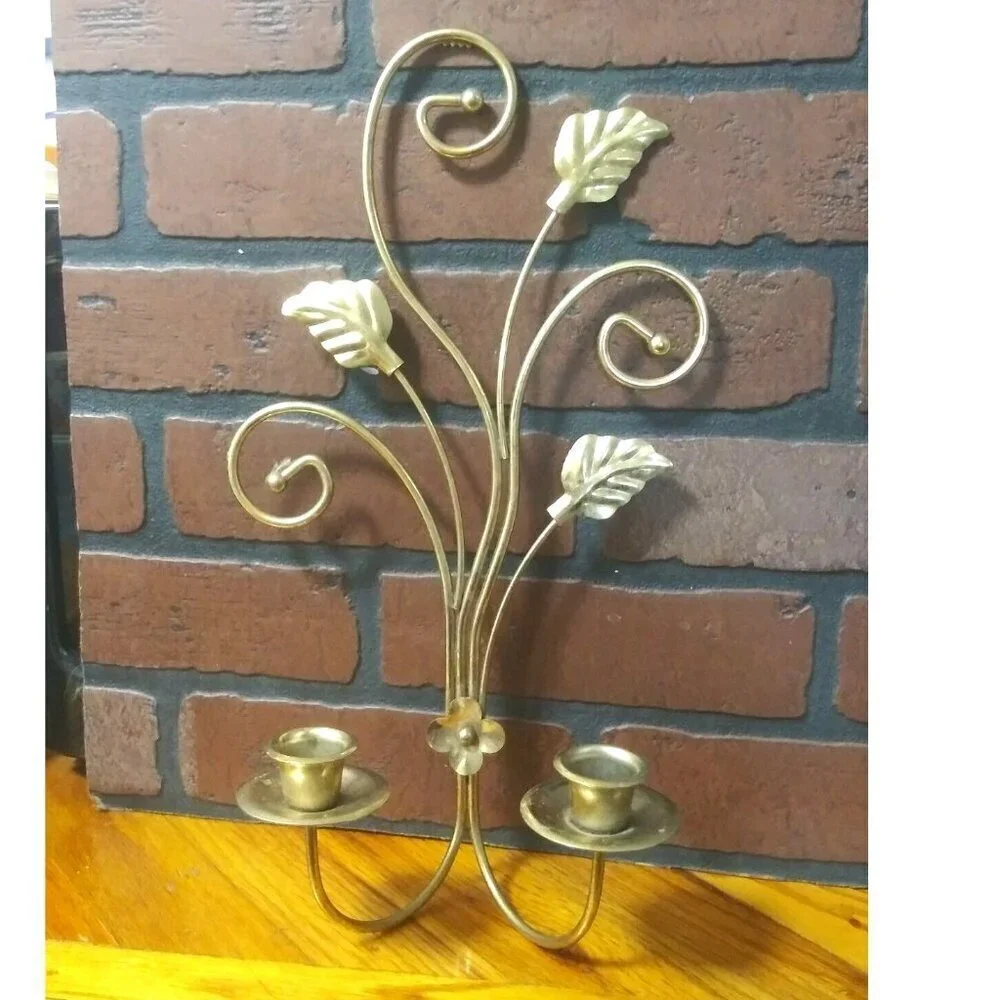 Vtg Homco Brass Sconce candle holder double Leaf & Scroll w/patina Gold tone EUC